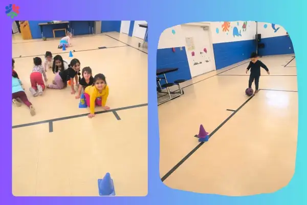 Toddlers crawl through an obstacle course, practicing Montessori gross motor skills. A boy kicks a ball around cones.