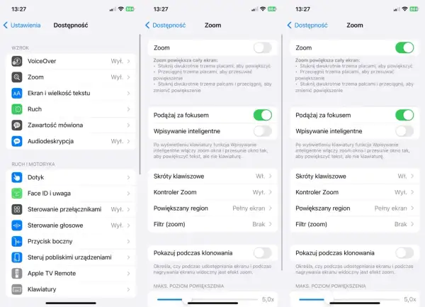 Ustawienia iPhone: Dostępność > Wzrok > Zoom. Tutaj możesz wyłączyć zoom, dostosować powiększenie i inne opcje.