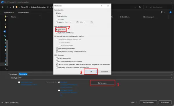 Aby usunąć komentarze w Wordzie, kliknij "Opcje..." (1), wybierz "Dokument" (2) i potwierdź przyciskiem "OK" (3).
