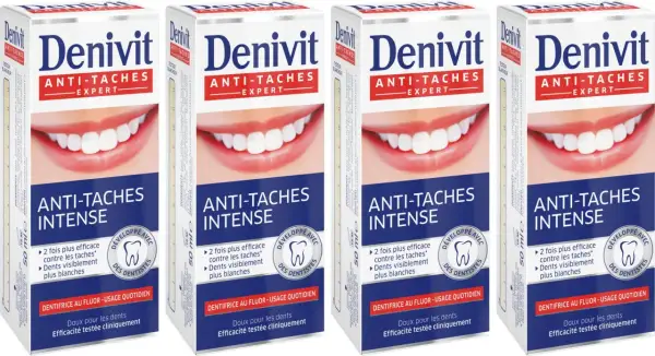 Cztery opakowania pasty do zębów Denivit Anti-Stain Expert z białym uśmiechem.