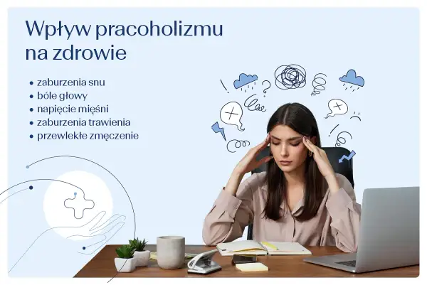 Kobieta z bólem głowy, objaw pracoholizmu. Wpływ na zdrowie: zaburzenia snu, trawienia, zmęczenie.