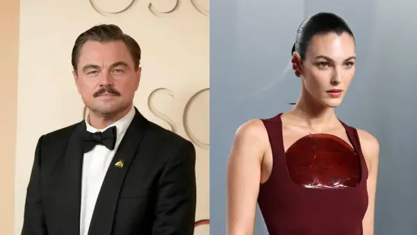 Leonardo DiCaprio con esmoquin y su posible novia, Vittoria Ceretti, con un vestido burdeos y pendientes llamativos.