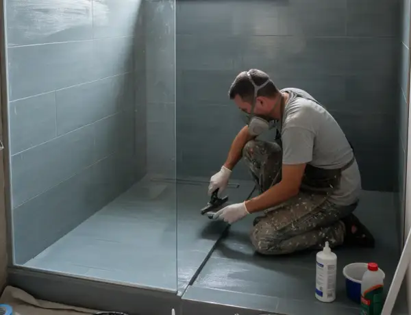 Un ouvrier applique une peinture époxy sur le sol d'une douche carrelée.