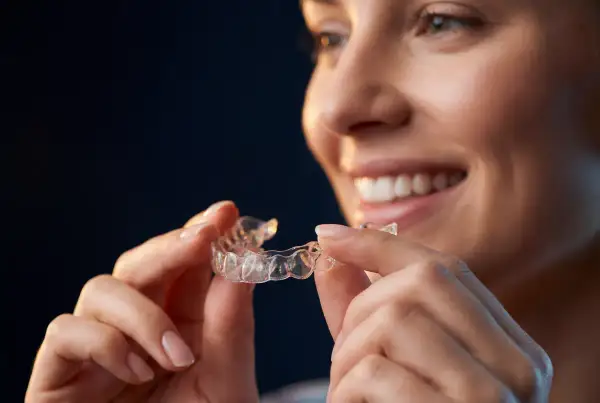 Donna sorridente tiene in mano allineatori dentali trasparenti, pronti per un sorriso perfetto.