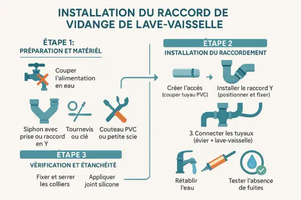 Schéma d'installation du raccord de vidange évier et lave-vaisselle. Étapes de préparation, raccordement et vérification.