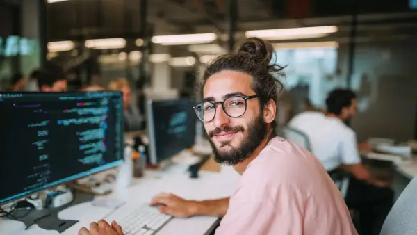 Ein junger Mann mit Brille und Dutt sitzt vor einem Computer, auf dem Code zu sehen ist. Er studiert Informatik an der Fernuni und lächelt in die Kamera.