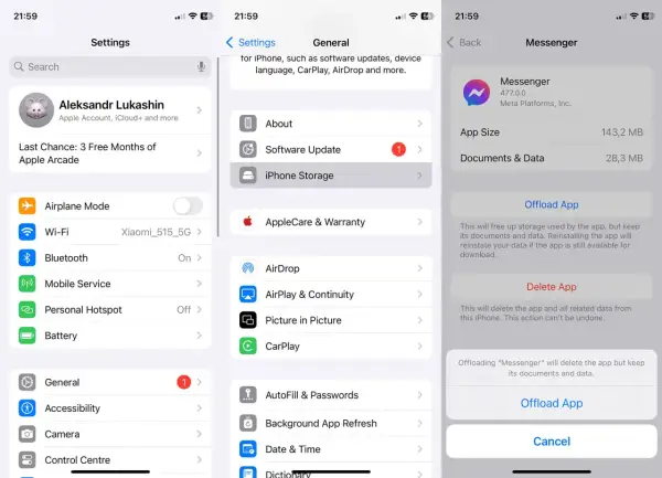 Jak usunąć pamięć z Messengera? Ekran iPhone'a pokazuje opcję "Offload App" (Odciąż aplikację), która usuwa aplikację, ale zachowuje dane.