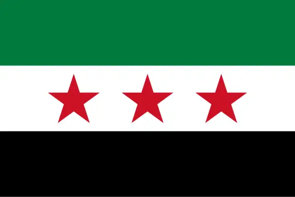 Syriska flaggan med tre röda stjärnor på vit bakgrund, grön överst och svart nederst. Fakta om Syrien kan finnas bakom denna symbol.