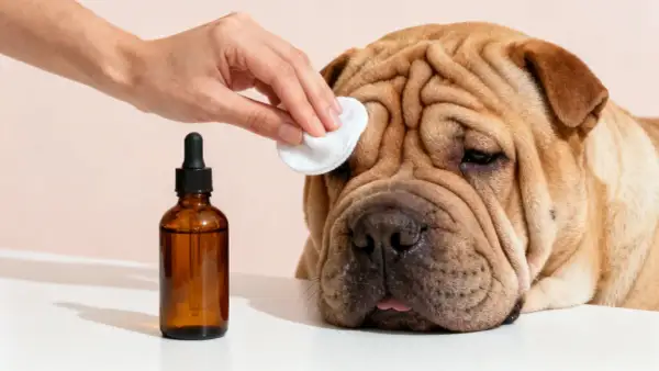 Una mano limpia los ojos de un adorable perro shar pei, uno de los muchos perros arrugados que necesitan cuidados especiales.