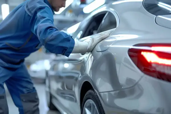 Un ouvrier en bleu vérifie la carrosserie d'une voiture argentée. Le prix de la carrosserie est une préoccupation pour de nombreux propriétaires.