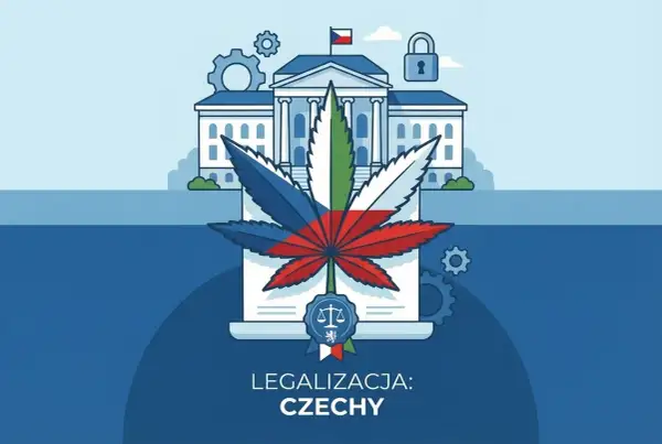 Konopie w Czechach: symbol liścia marihuany z flagą Czech przed budynkiem rządowym. Czy marihuana jest legalna w Czechach?