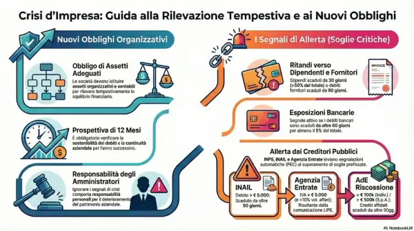 Guida alla gestione della crisi d'impresa: obblighi organizzativi, segnali di allerta (ritardi fornitori, esposizioni bancarie, debiti INPS/INAIL/Agenzia Entrate) e responsabilità amministratori.