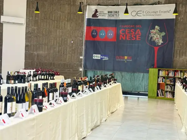 Banchetti pieni di bottiglie di vino, tra cui il Cesanese del Piglio, in un evento dedicato alla cultura enogastronomica.