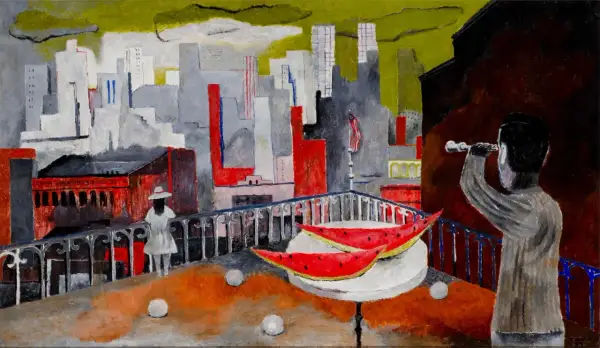 A rooftop scene by Rufino Tamayo, with a figure looking through a telescope at a city skyline, reminiscent of the moon and sun.