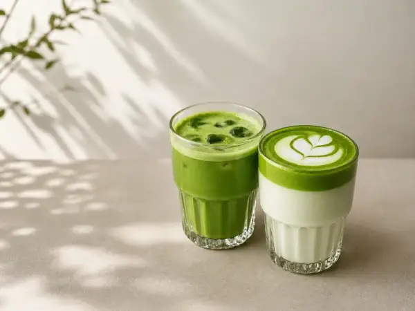 Dwa orzeźwiające napoje: jeden z kostkami lodu, drugi z pianką i wzorem. Idealne, by dowiedzieć się, jak zrobić matcha latte.