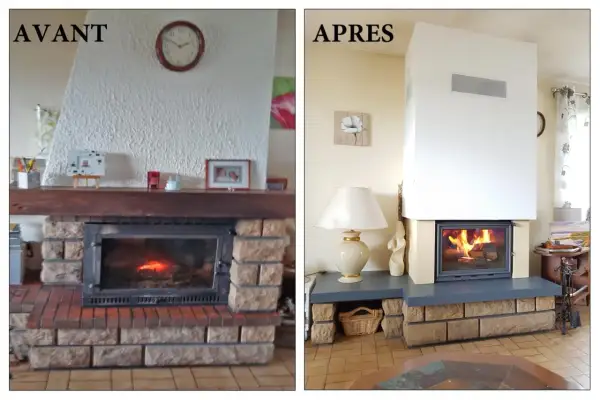 Avant/Après : une cheminée en brique rouge rénovée, transformée en un foyer moderne et épuré, prêt à réchauffer le salon.