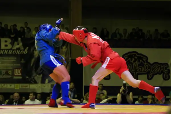 Två brottare i röd och blå dräkt utövar combat sambo. Den röda brottaren slår mot den blå.