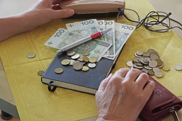 Ręce liczą pieniądze: banknoty 100 zł, monety i notatnik. Widać portfel i okulary. To może być rozliczenie daniny.