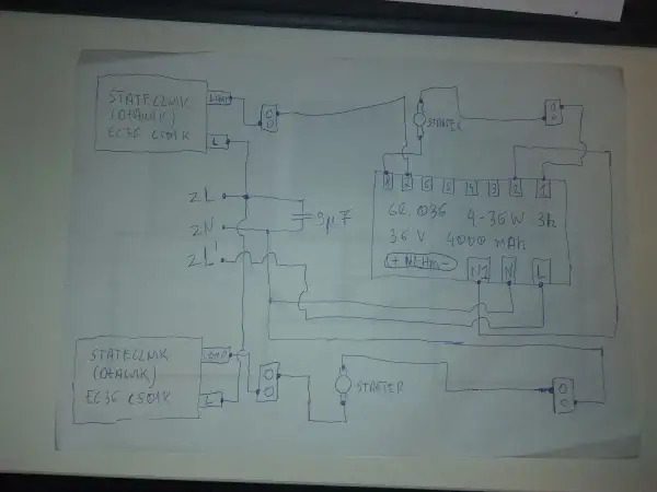 Schemat podłączenia modułu oświetlenia awaryjnego. Widać stateczniki, lampy, starter oraz akumulator Ni-MH.