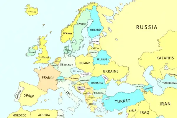 Mapa Europy z zaznaczonymi krajami. Gdzie jest Bruksela? Znajduje się w Belgii, między Francją a Niemcami.