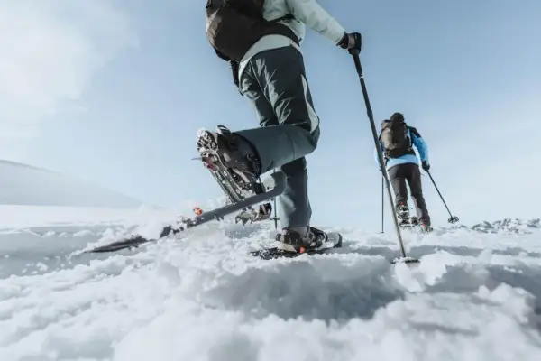 Deux personnes font une randonnée dans la neige, leurs raquettes s'enfonçant dans la poudreuse. Le ciel bleu clair promet une belle journée d'aventure.