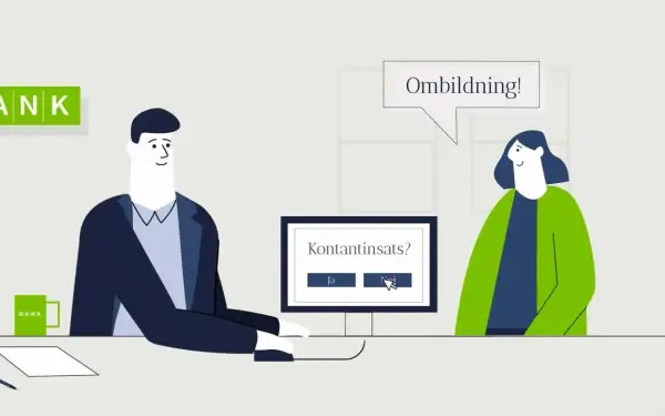 Två personer diskuterar "Kontantinsats?" på en datorskärm. En säger "Ombildning!".