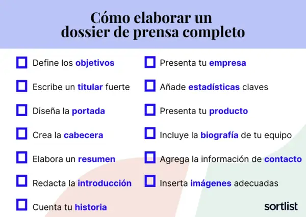 Lista de pasos para crear un dossier de prensa completo: define objetivos, titular, portada, resumen, introducción, historia, empresa, estadísticas, producto, biografía, contacto e imágenes.