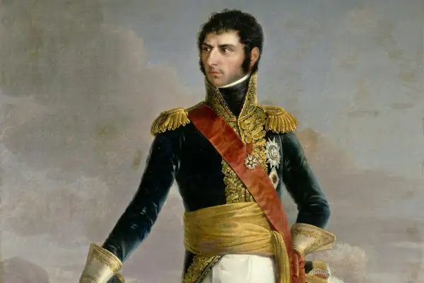Porträtt av Jean Baptiste Bernadotte, en framstående militär och blivande svensk kung, i ståtlig uniform med röd sash och gyllene detaljer.
