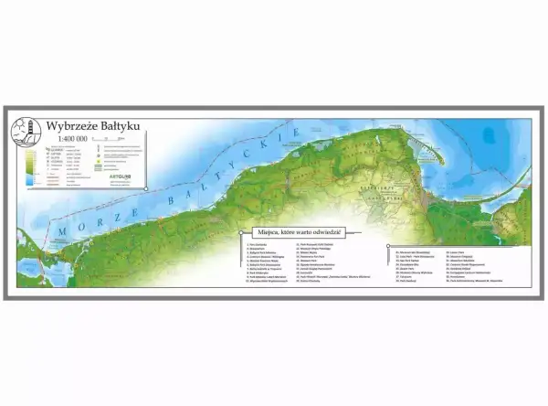 Mapa przedstawia polskie wybrzeże Bałtyku z zaznaczonymi atrakcjami turystycznymi.