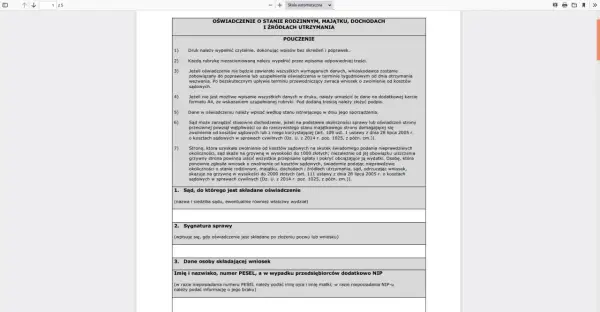 Oświadczenie o stanie rodzinnym, majątku, dochodach i źródłach utrzymania. Wniosek o zwolnienie z kosztów sądowych.