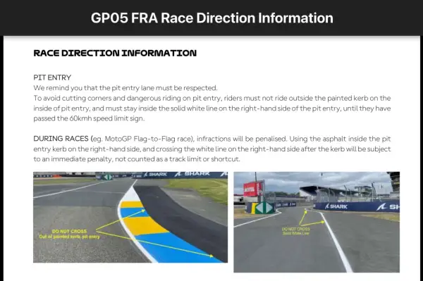 Dos imágenes de la entrada al pit lane de MotoGP. Una muestra la curva con marcas amarillas y azules, la otra la salida del pit lane con una línea blanca.