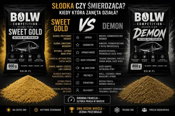 Torba zanęty wędkarskiej BOLW Sweet Gold, słodka i owocowa, idealna na ciepłe dni i aktywne żerowanie.