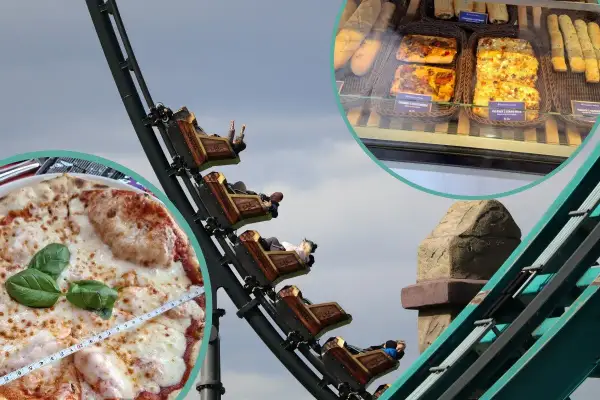 Energylandia: pyszne jedzenie i ceny. Pizza i wypieki w parku rozrywki, a obok kolejka górska.