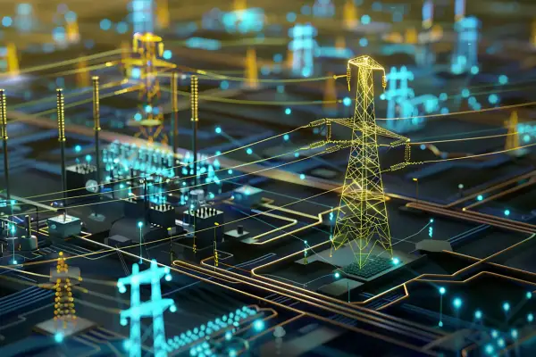 Futurystyczny **grid** energetyczny, gdzie linie przesyłowe i wieże przypominają obwody drukowane.