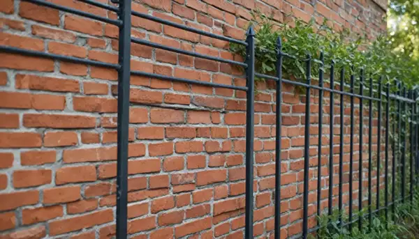 Czerwone, ceglane ogrodzenie z czarnymi, metalowymi prętami i zielonymi pnączami.