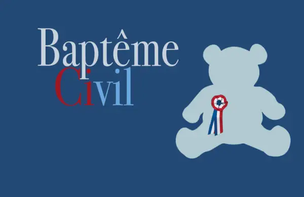 Texte "Baptême Civil" sur fond bleu, avec un ours en peluche bleu clair portant une cocarde tricolore.