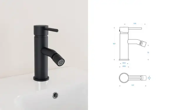 Miscelatore nero con doccetta integrata, ideale per smontare e installare in cucina. Dimensioni dettagliate nel disegno tecnico.