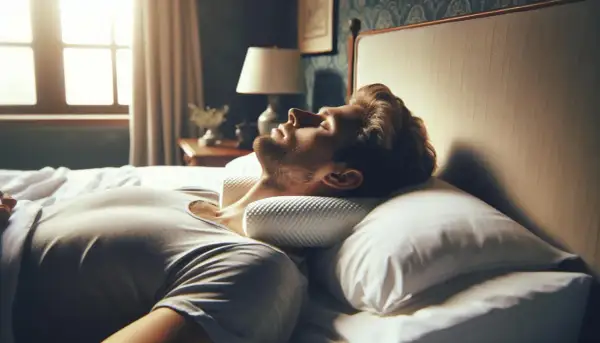 Man sleeping with a contoured pillow. Is sleeping with two pillows bad for your neck? This pillow aims to support it.