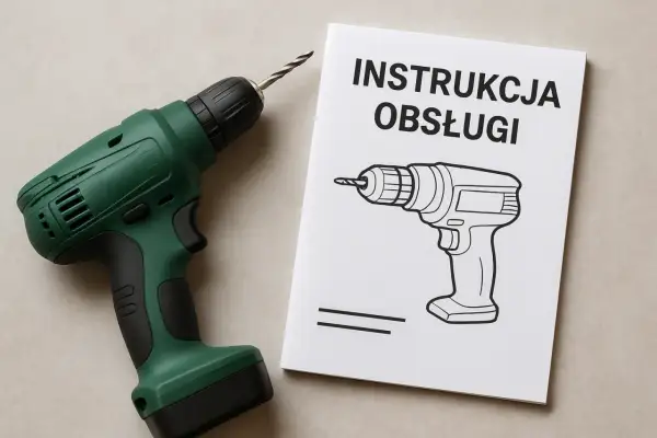 Zielona wkrętarka obok okładki "Instrukcja obsługi" z rysunkiem wiertarki.