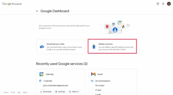 Tableau de bord Google : option pour supprimer un service, comme Gmail.