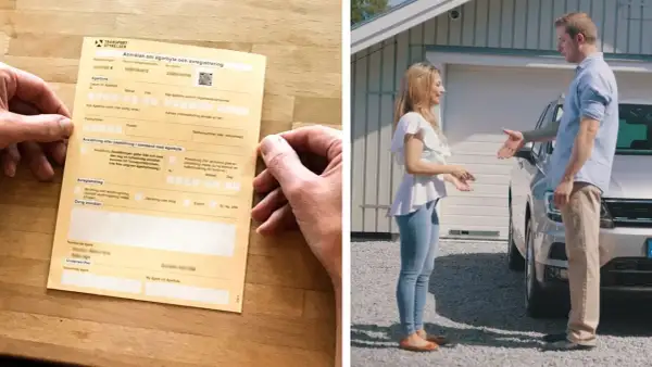 En person håller i ett papper för anmälan om ägarbyte och avregistrering, en process som kan hanteras digitalt. Bredvid syns ett par som skakar hand vid en bil.