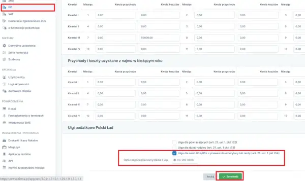 Formularz PIT z zaznaczoną ulgą dla osób 60+/65+ z prawem do emerytury lub renty. Czy emerytura jest opodatkowana? Sprawdź w systemie.