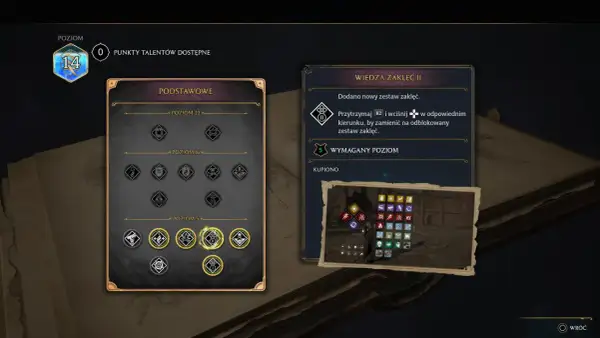 Gracz na poziomie 14 w Hogwarts Legacy przegląda drzewko talentów. Po prawej stronie widnieje informacja o nowym zestawie zaklęć.