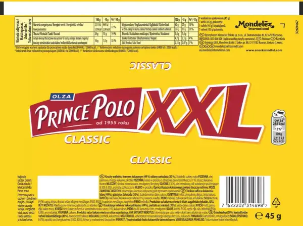 Prince Polo XXL, klasyczny wafelek z kremem kakaowym i czekoladą. 100g to 2211 kJ, 45g to 995 kJ.