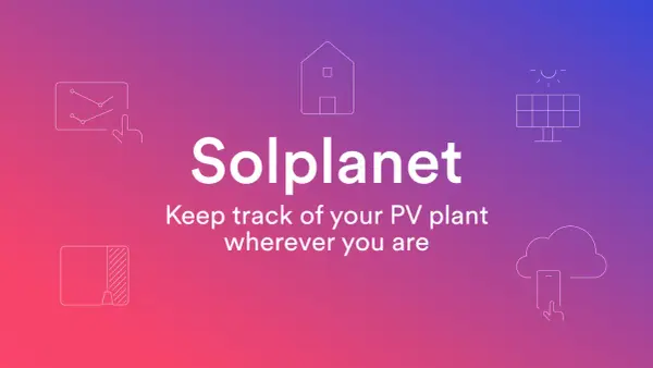Solplanet: śledź swoją instalację PV z dowolnego miejsca. Ikony domu, panelu słonecznego, wykresów i chmury z telefonem.