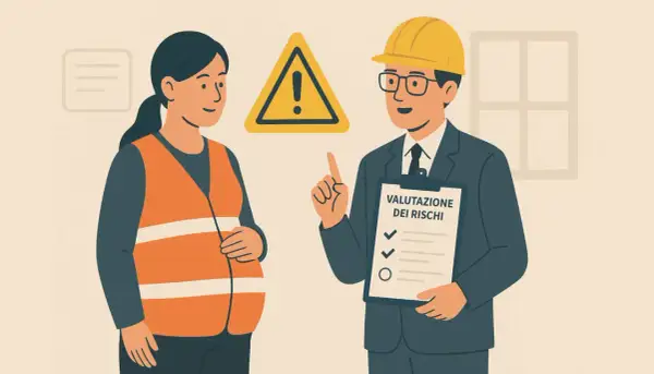 Un datore di lavoro con casco e occhiali discute con una donna incinta in giubbotto ad alta visibilità. Il datore di lavoro è tenuto a valutare i rischi per garantire la sicurezza.