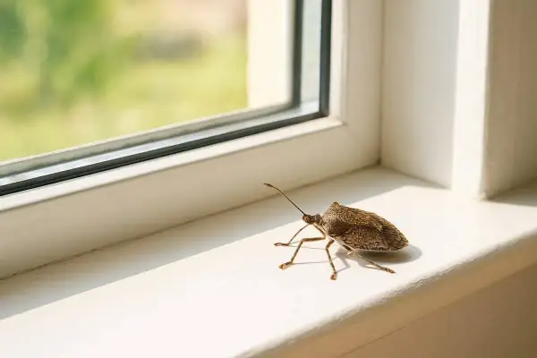 Une petite bête maison, un insecte brun, se repose sur le rebord d'une fenêtre blanche, regardant dehors.