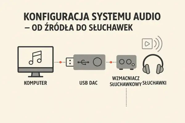 Schemat konfiguracji audio: komputer, USB DAC, wzmacniacz słuchawkowy i słuchawki. THD to parametr jakości dźwięku.