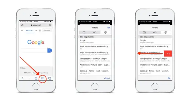 Jak usunąć historię Safari? Na ekranie telefonu widać historię przeglądania. Kliknij "Usuń" przy niechcianej stronie.