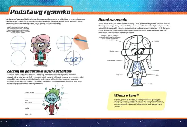 Instrukcja rysowania postaci z komiksów dla dzieci łatwych do narysowania po polsku. Pokazuje jak zacząć od kółek i linii, by stworzyć urocze postacie.